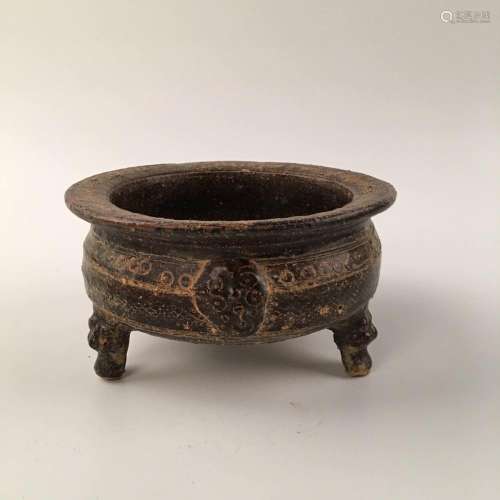 Chinese Celadon Glazed Carved Stoneware Censer