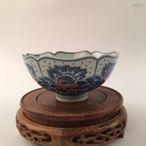 Chinese Blue &White Copper-Red Foodog Bowl With Yong Zheng Mark