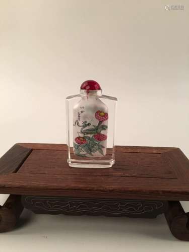 Chinese Inside-Painted Glass Snuff Bottle With Grass & Insect