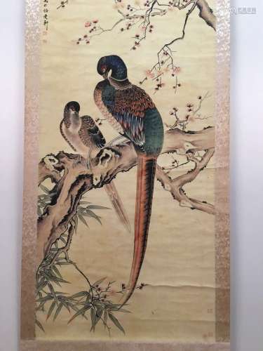 Chinese Hanging Scroll Of Flower & Bird With Ren Xun Signed