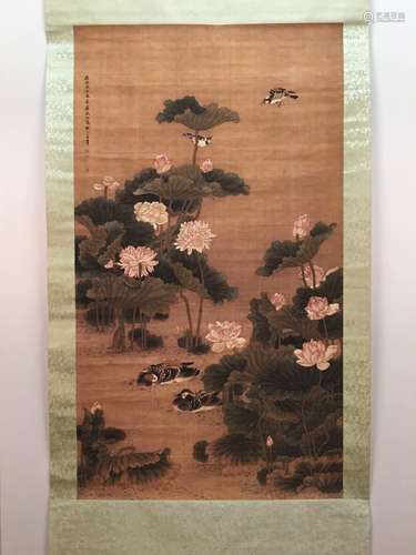 Chinese Hanging Scroll Of Flowers & Birds