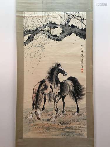 Chinese Hanging Scroll Of Horse With Bei Hong's Sign