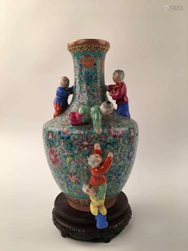 Chinese Famille Rose Vase With Qian Long Mark And Children-Playing Decoration