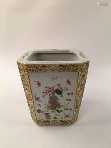 Chinese Famille Rose Yellow Ground Square Plantpot