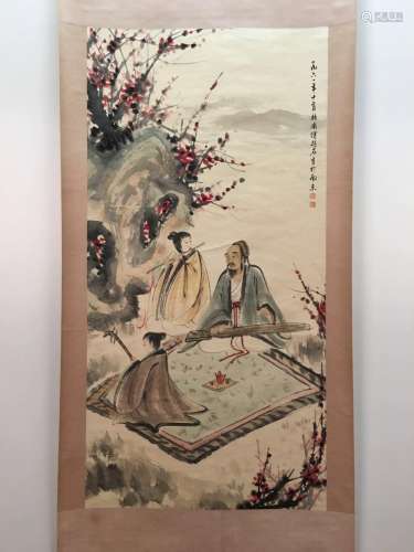 Chinese Hanging Scroll Of Music Playing With Fu Bao Shi's Sign