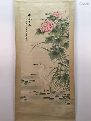 Chinese Hanging Scroll Of Flower& Bird With Yi Shan Lin Liang's Sign