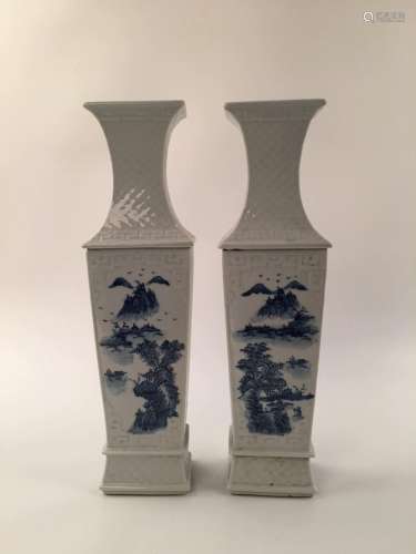 Chinese Blue & White Landscape Square Vase Pair