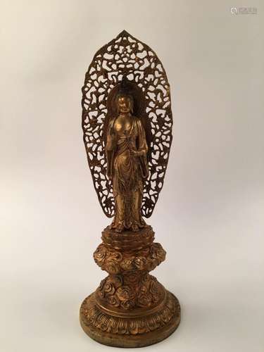 Chinese Gilt Bronze Buddha Standing Statue With Qian Long Mark