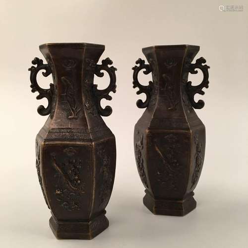 Chinese Bronze Hexagonal Vase Pair