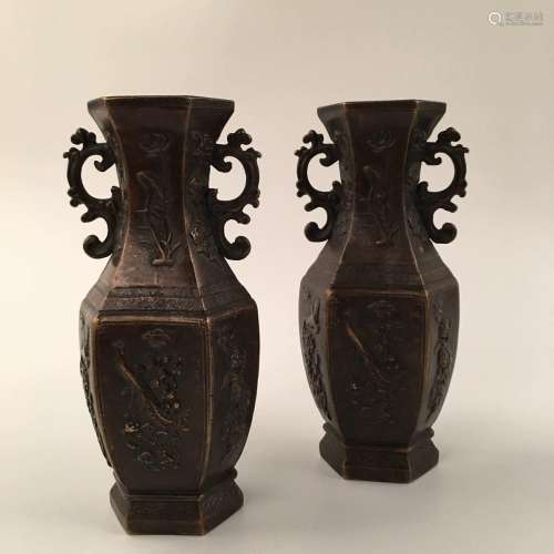 Chinese Bronze Hexagonal Vase Pair