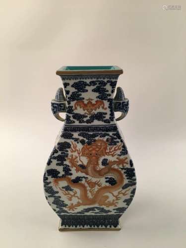 Chinese Blue &White Red Dragon &Phoenix Square Vase