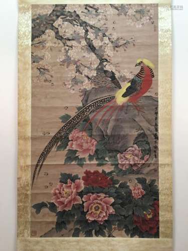 Chinese Hanging Scroll Of Flower & Bird With Yu Ji Gao Signed