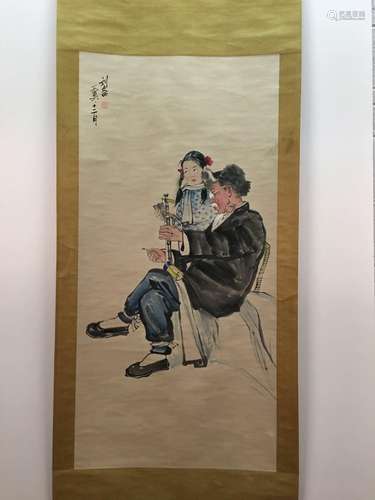 Chinese Hanging Scroll Of Figures With Liu Wen Xi's Sign