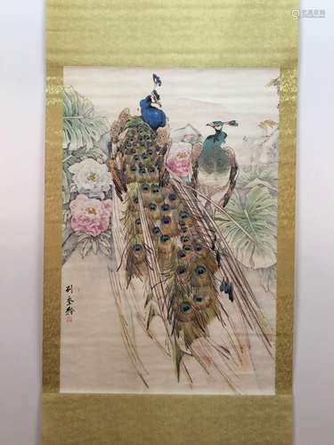 Chinese Hanging Scroll Of Flowers And Bird With Liu Kui Ling's Sign