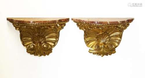 PAIR OF EIGHTEENTH-CENTURY PERIOD CARVED GILT WOOD WALL MOUNTED CONSOLE TABLES, CIRCA 1760