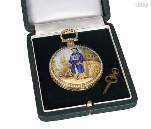 WILLIAM ILBERY, AN EXCEPTIONAL 18K GOLD AND ENAMEL OPENFACE CENTRE SECONDS POCKET WATCH