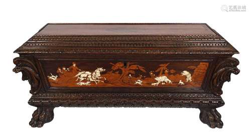 EIGHTEENTH-CENTURY ITALIAN CARVED WALNUT AND MARQUETRY CASSONNE