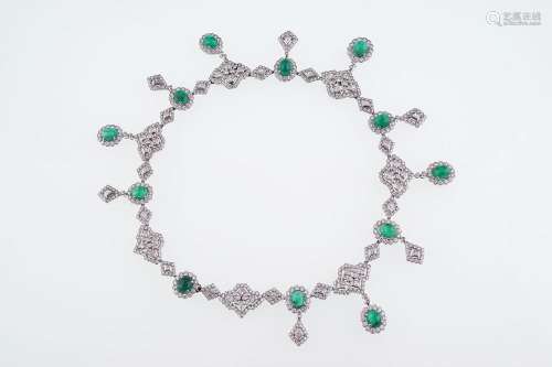 18 CT. WHITE GOLD AND PLATINUM EMERALD AND DIAMOND NECKLACE