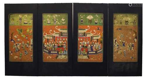 SET OF FOUR CHINESE QING PERIOD SILK EMBROIDERED PANELS