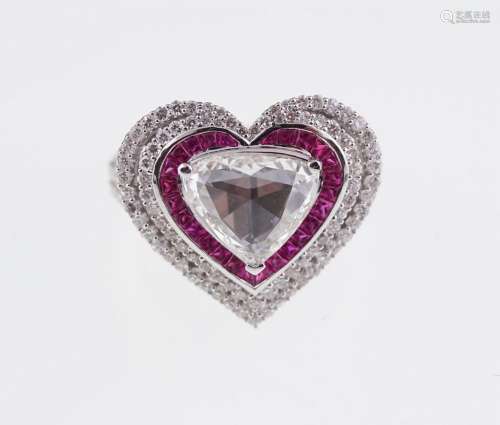 18 CT. WHITE GOLD HEART SHAPED ART DECO STYLE RUBY AND 2.35 CT DIAMOND RING