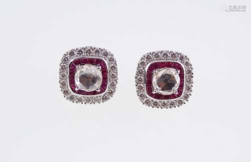 18 CT. WHITE GOLD RUBY AND 2.50 CT. DIAMOND ART DECO EARRINGS