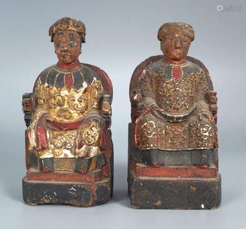 PAIR OF EARLY CHINESE CARVED POLYCHROME GROUP