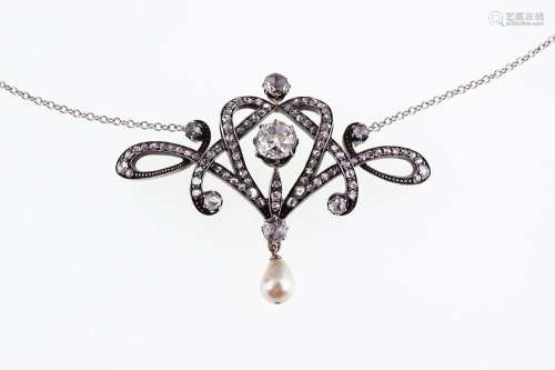 18 CT. WHITE GOLD VICTORIAN PEARL AND DIAMOND NECKLET