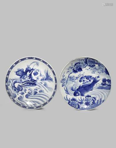 TWO LARGE JAPANESE ARITA BLUE AND WHITE DISHES MEIJI 1868-1912 One decorated with a large scaly