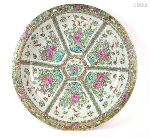 Chinese famille rose dish decorated with six panels of, birds, butterflies, flower and foliage, on