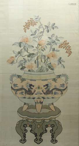 Chinese silk embroidery depicting a vase of flowers and berries on a stand, 103.5cm x 58cm, and a