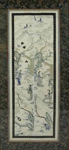 Pair of Chinese silk sleeve panels embroidered in silk stitch with figures in a garden, within a