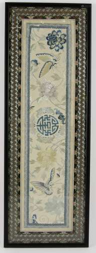 Chinese silk sleeve panel embroidered with butterflies, flowers, bats and a central Shou