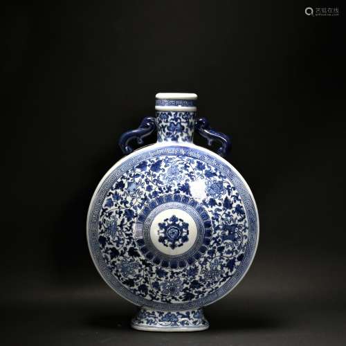A Large Yaun Element Blue & White Porcelain Moon Fask Vase