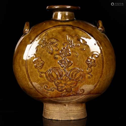 A Chinese Brown-Glazed Pottery Moon Flask, Yuan Dynasty