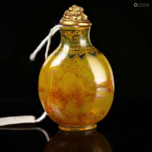 A Chinese painted opaque yellow glass 'landscape' snuff bottle,Qianlong Period