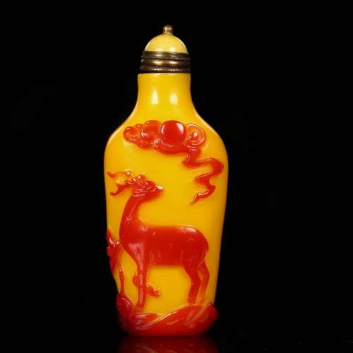 An Inscribed Red and Yellow Overlay Peking Glass Snuff Bottle