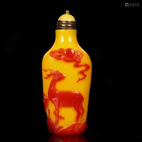 An Inscribed Red and Yellow Overlay Peking Glass Snuff Bottle