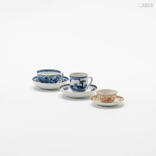 Two Chinese blue and white cups and saucers and an