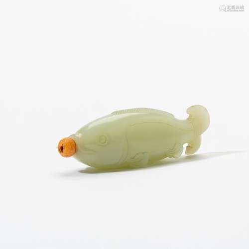 A Chinese celadon jade fish-shaped snuff bottle