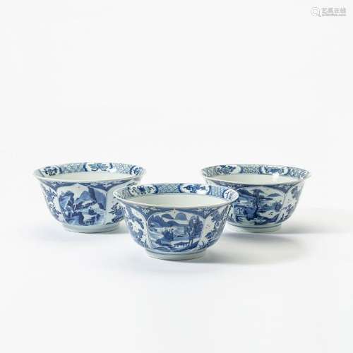 A set of three large Chinese blue and white bowls