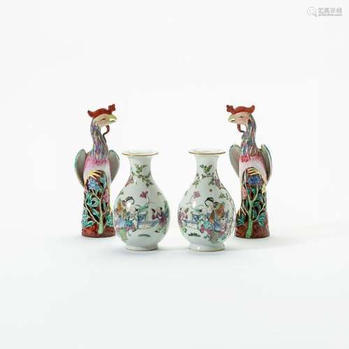 A pair of Chinese famille rose models of phoenixes and