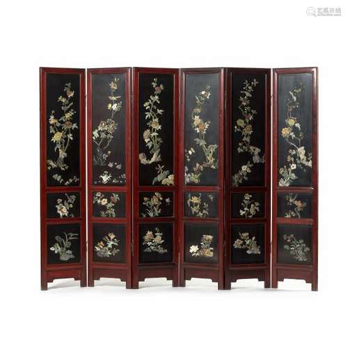 A Chinese six-fold hardwood screen inlaid with quartz