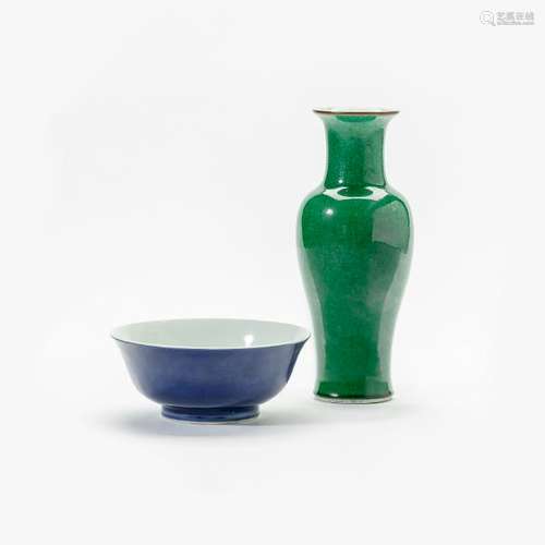 A Chinese powder-blue bowl and a green-glazed vase