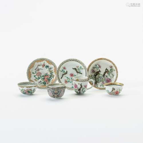 Three sets of Chinese famille rose cups and saucers and