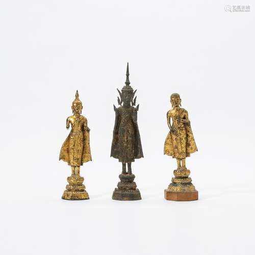 Three Thai Ratnakosin-style gilt-bronze figures of