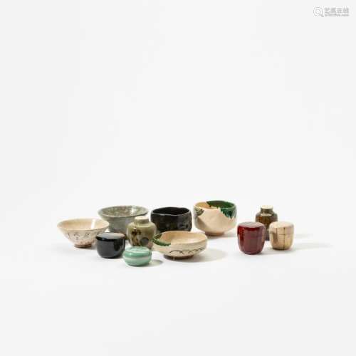 A collection of Japanese stoneware chawan and porcelain