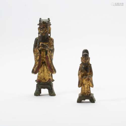 Two Chinese gilt-, red- and black-lacquered bronze