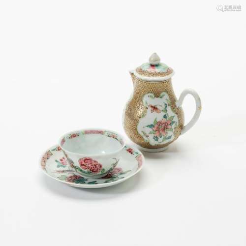 A Chinese famille rose milk-jug and cover and a cup and