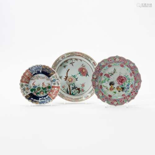 Three Chinese famille rose and famille verte dishes