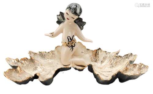 Hedi Schoop Kneeling Baby Angel on Leaf-Shape Platter